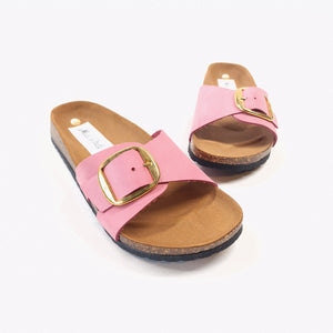 ciabatta donna in vera pelle a fascia rosa chiusura con fibbia modello margot