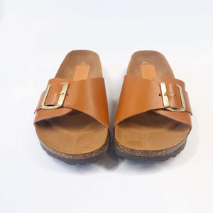 CIABATTA VERA PELLE DONNA MONOFASCIA COLORE CUOIO FIBBIA