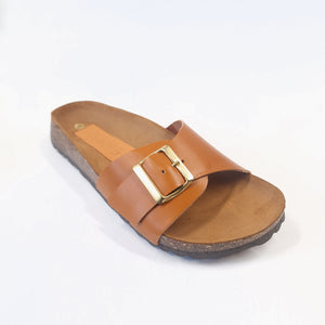 CIABATTA VERA PELLE DONNA MONOFASCIA COLORE CUOIO FIBBIA