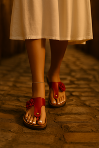 Ciabatta infradito da donna in vernice rossa con doppio fiore laterale in pelle scamosciata rossa e chiusura a velcro – Modello Ivy, handmade in Italy.