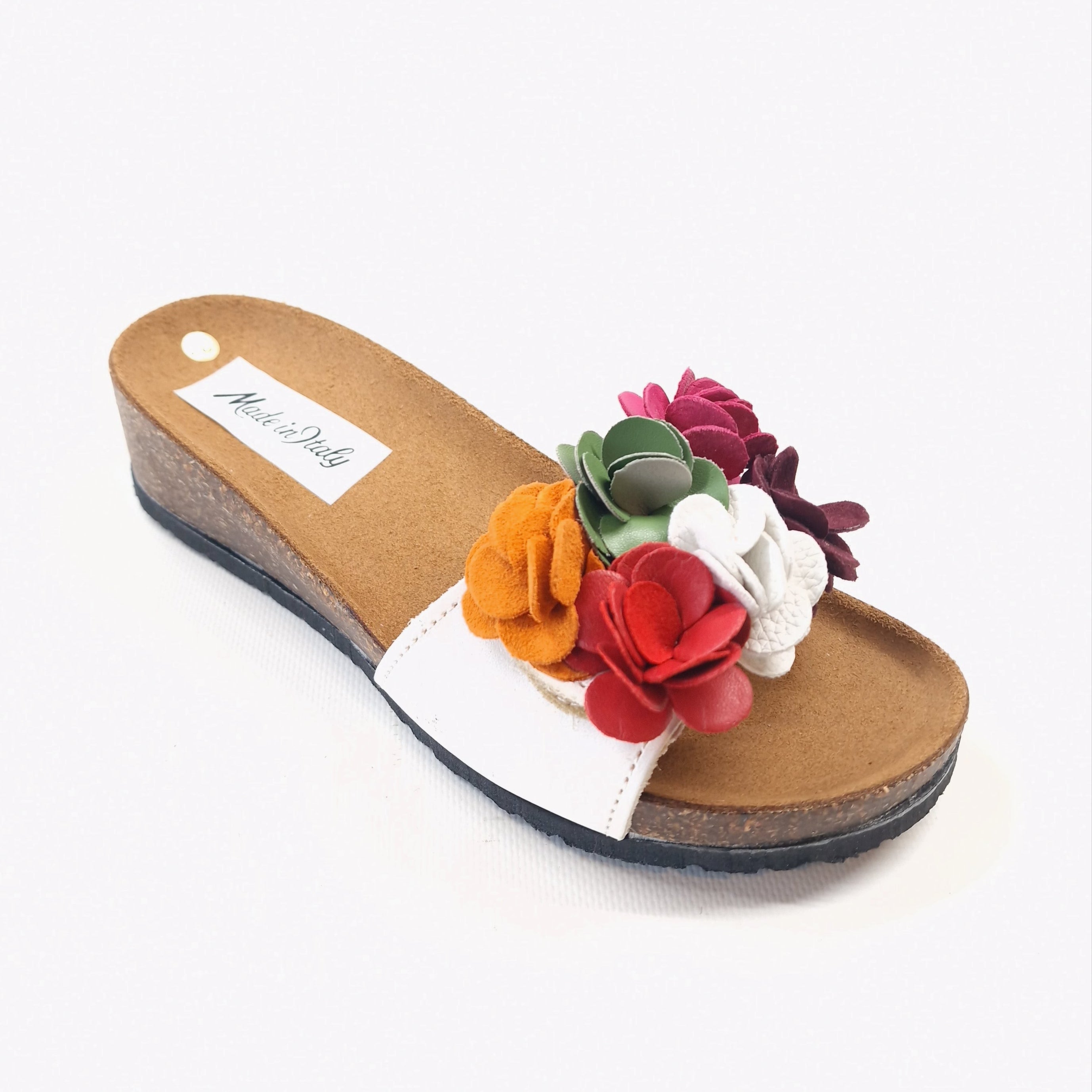 Ciabatta donna fascia in vera pelle bianca con fiori e chiusura in velcro modello Gaia