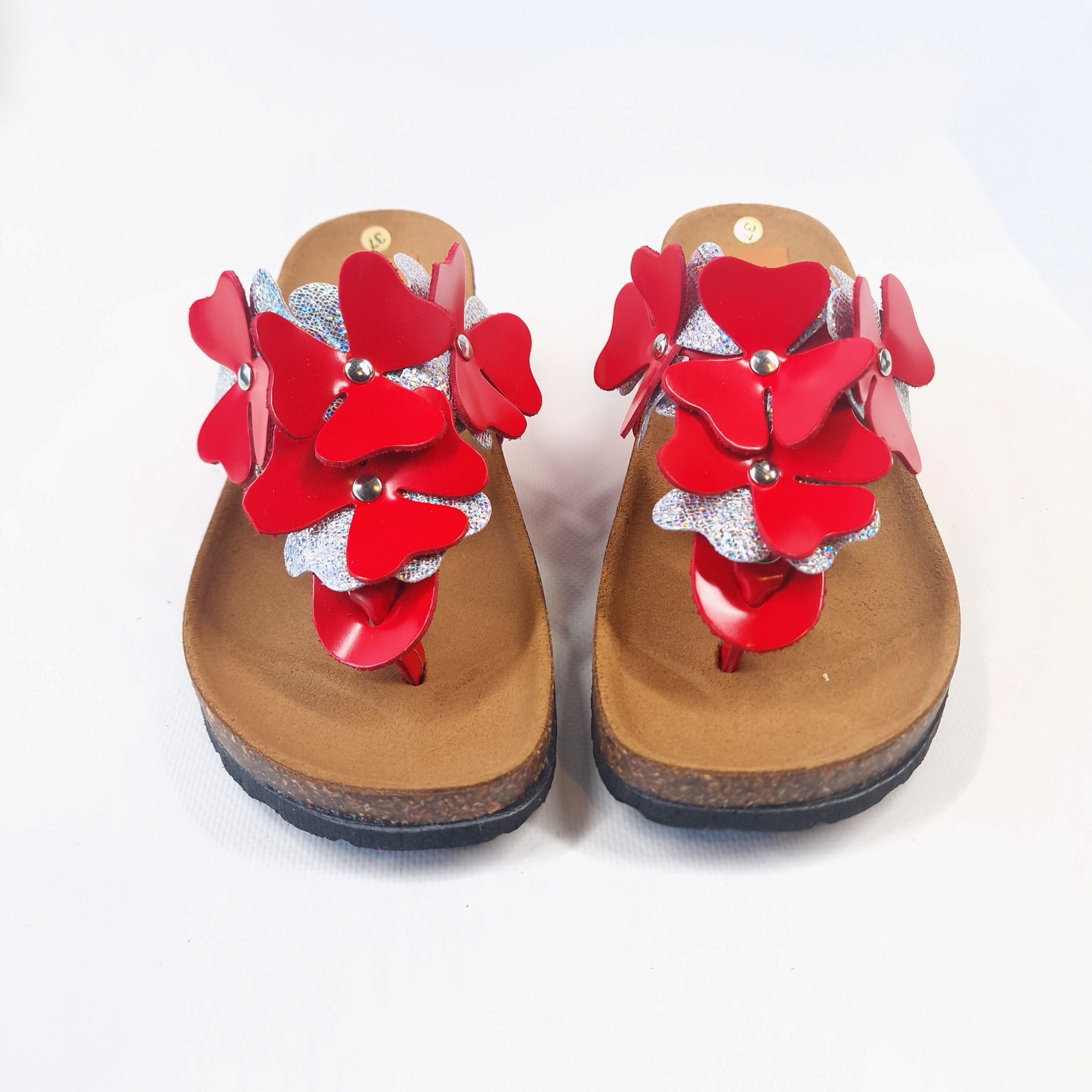 CIABATTA DONNA VERA PELLE  INFRADITO ROSSA VERNICE FIORI GLITTER
