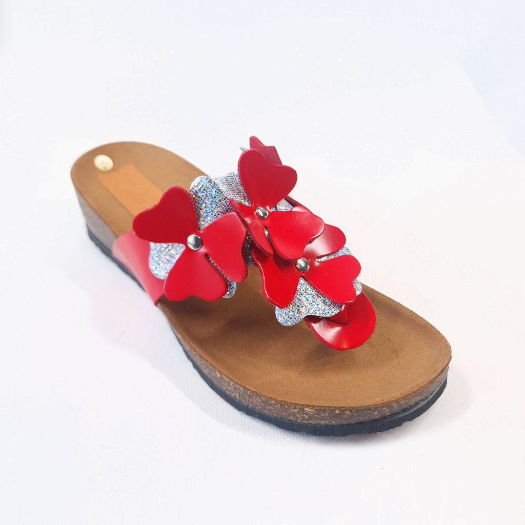 CIABATTA DONNA VERA PELLE  INFRADITO ROSSA VERNICE FIORI GLITTER