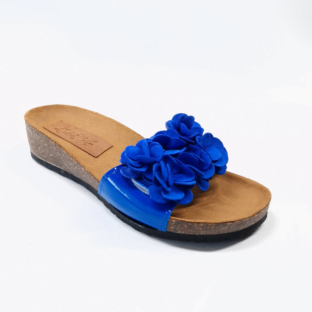 ciabatta donna vernice blu fiori pella scamosciata chiusura velcro