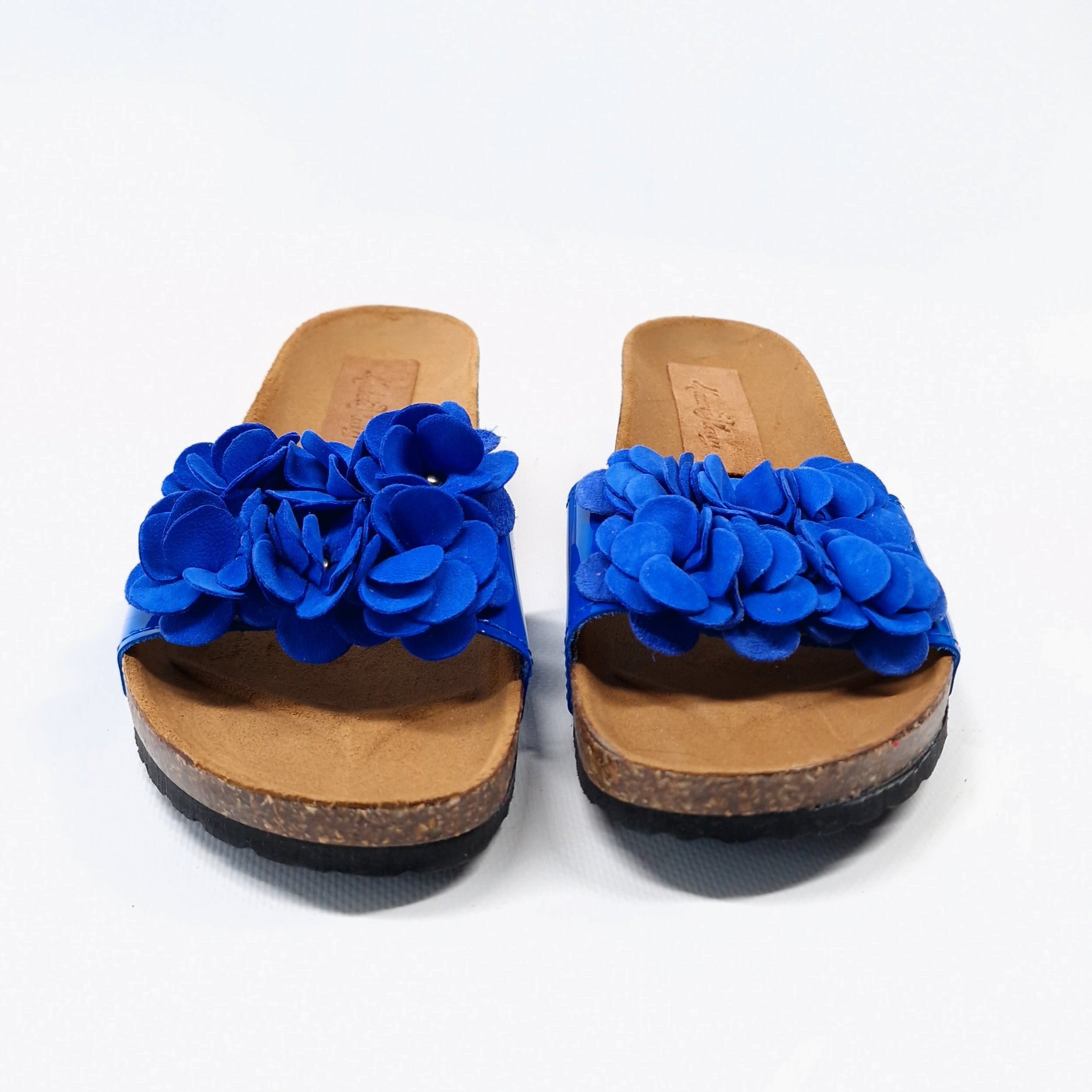 ciabatta donna vernice blu fiori pella scamosciata chiusura velcro