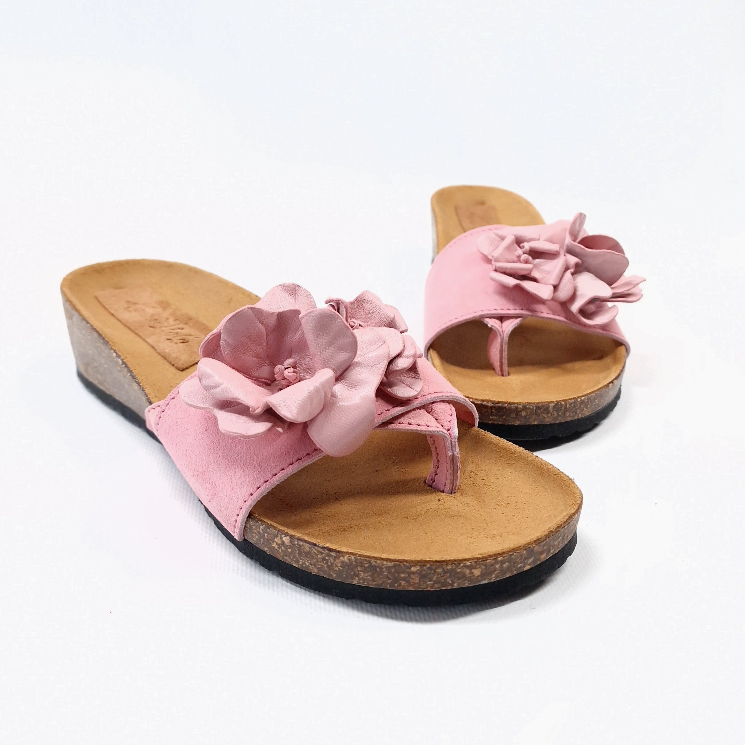 CIABATTA DONNA IN VERA PELLE ROSA INFRADITO CON FIORI 