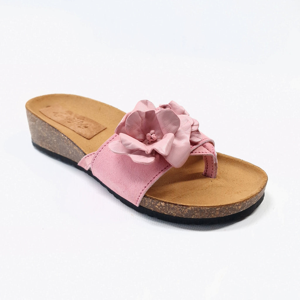 CIABATTA DONNA IN VERA PELLE ROSA INFRADITO CON FIORI 