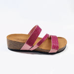 Load image into Gallery viewer, ciabatta donna in vera pelle fucsia a listini decorati da glitter
