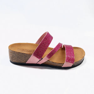 ciabatta donna in vera pelle fucsia a listini decorati da glitter