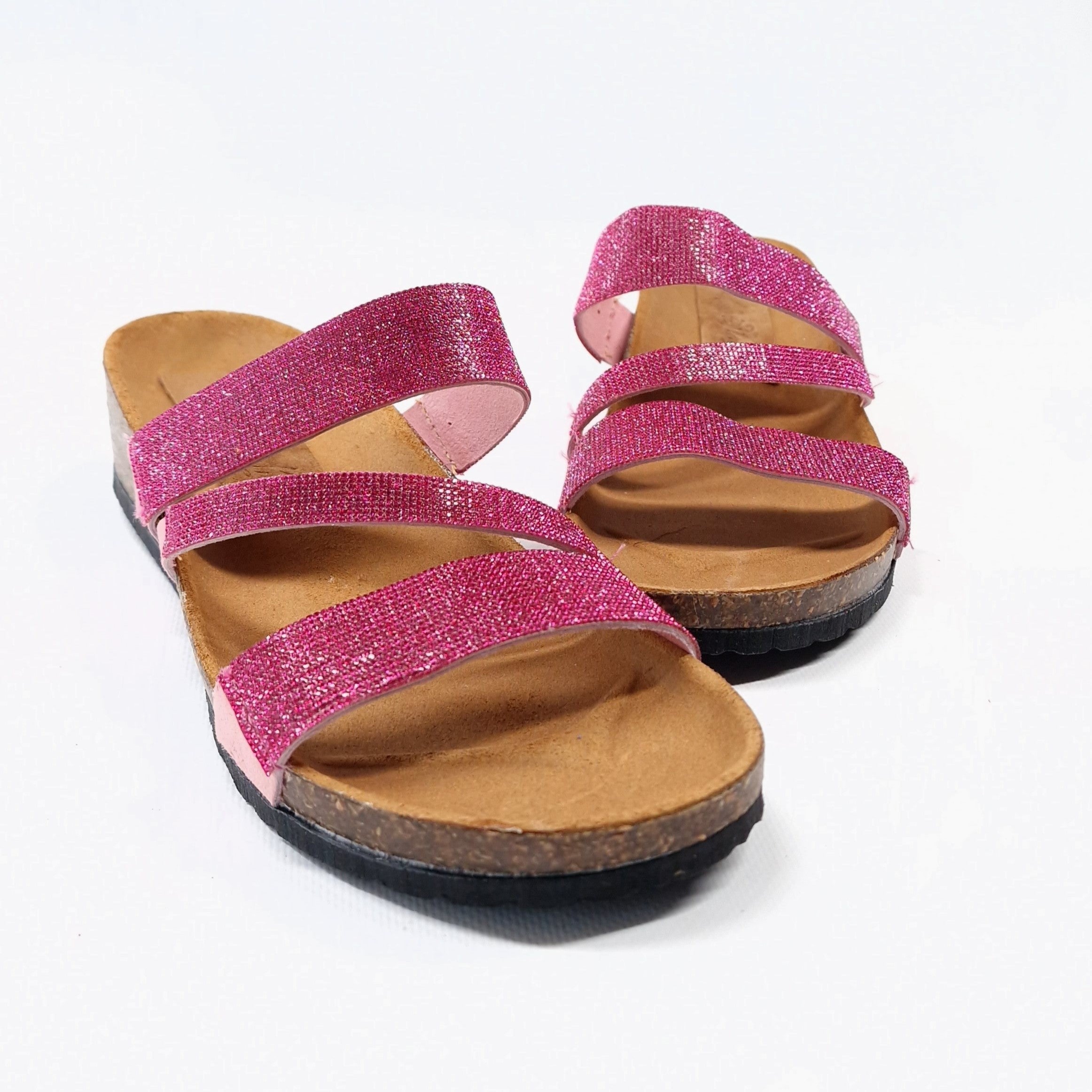 ciabatta donna in vera pelle fucsia a listini decorati da glitter