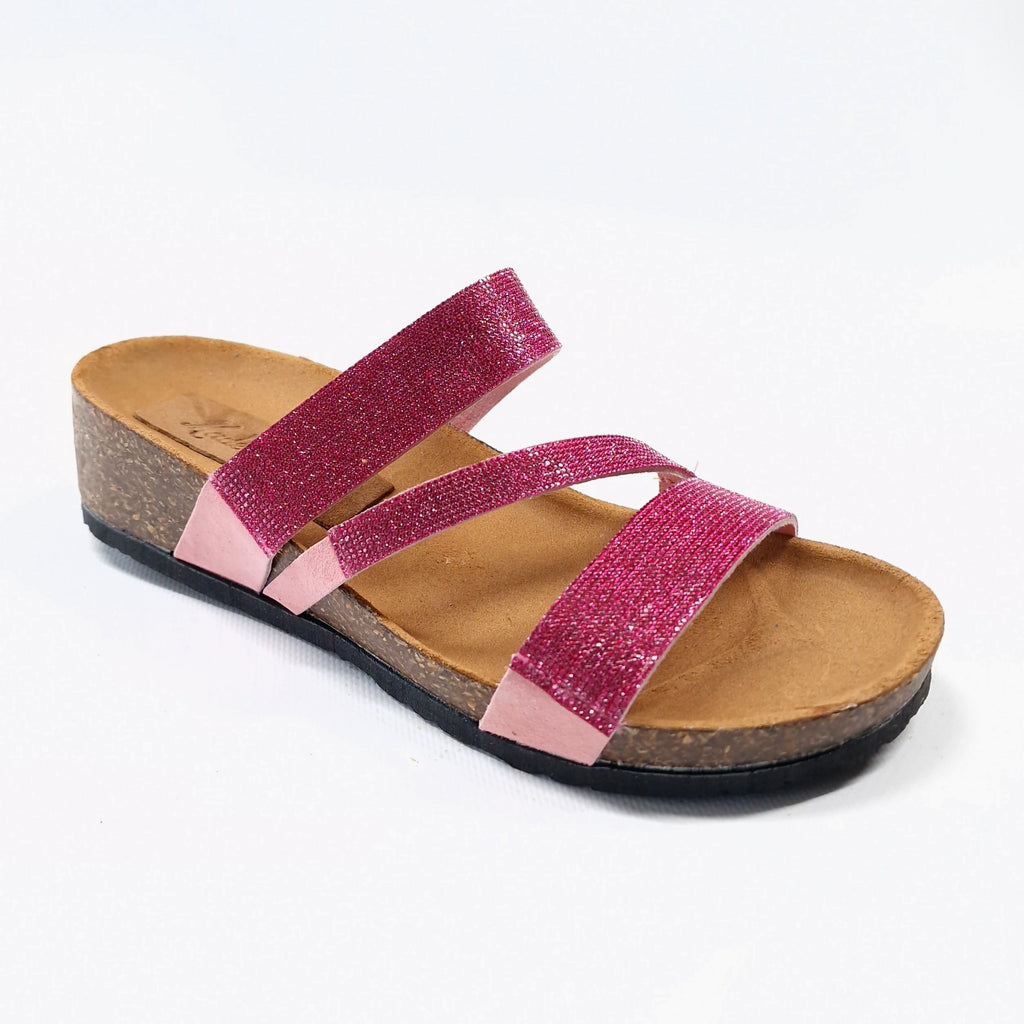 ciabatta donna in vera pelle fucsia a listini decorati da glitter