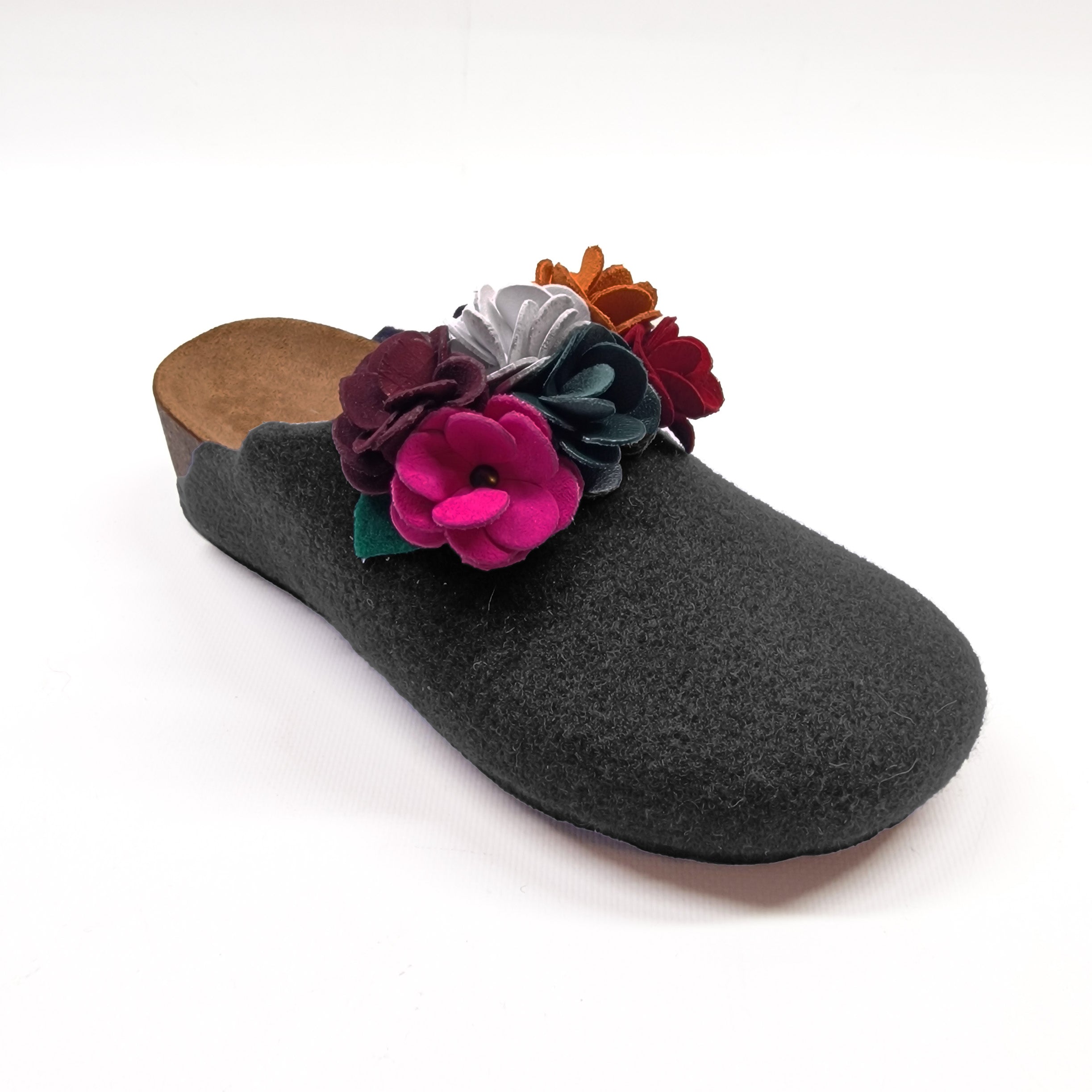 Pantofola DONNA in LANA CHIUSA con FIORI doppi COLORATI in PELLE | Art. ESTER