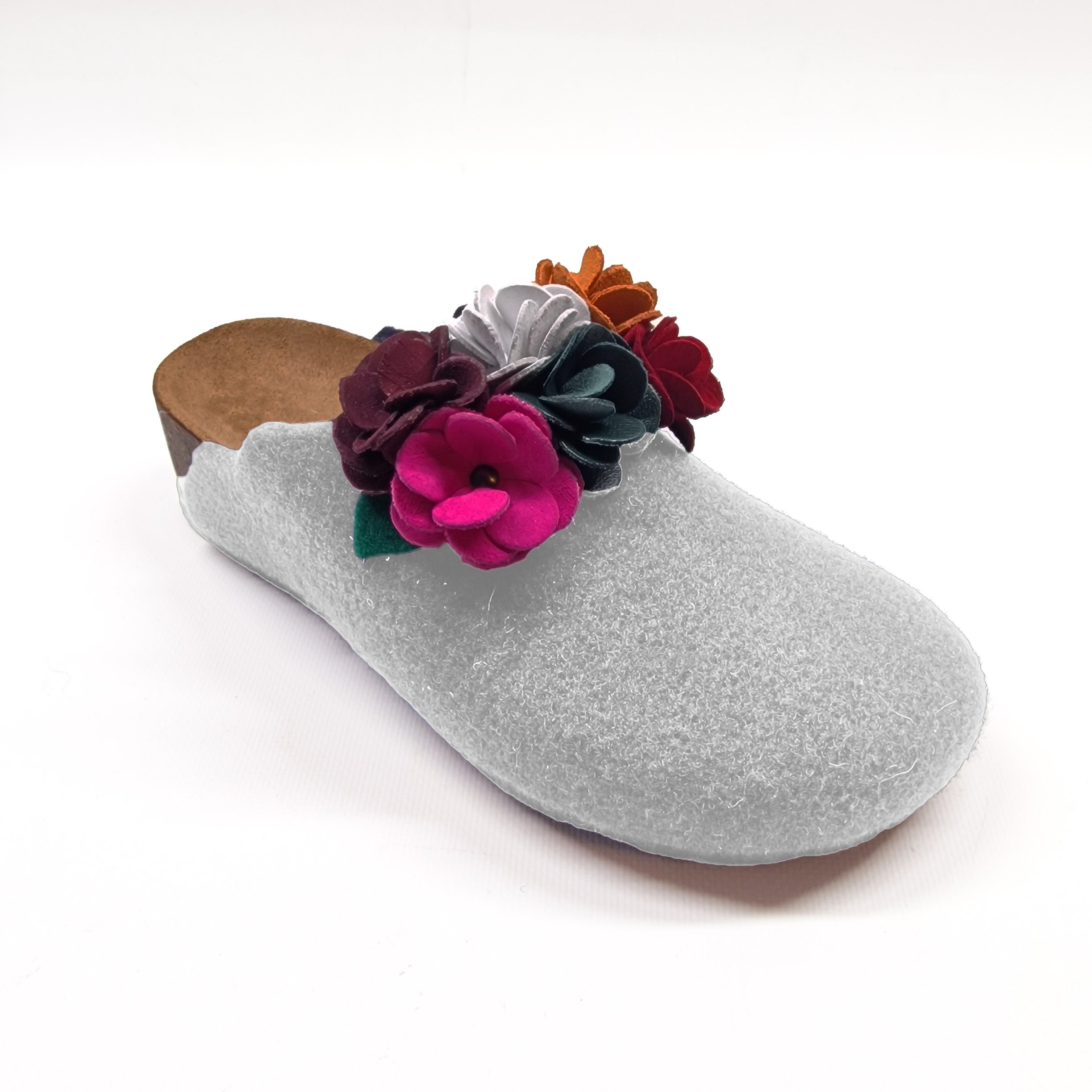 Pantofola DONNA in LANA CHIUSA con FIORI doppi COLORATI in PELLE | Art. ESTER