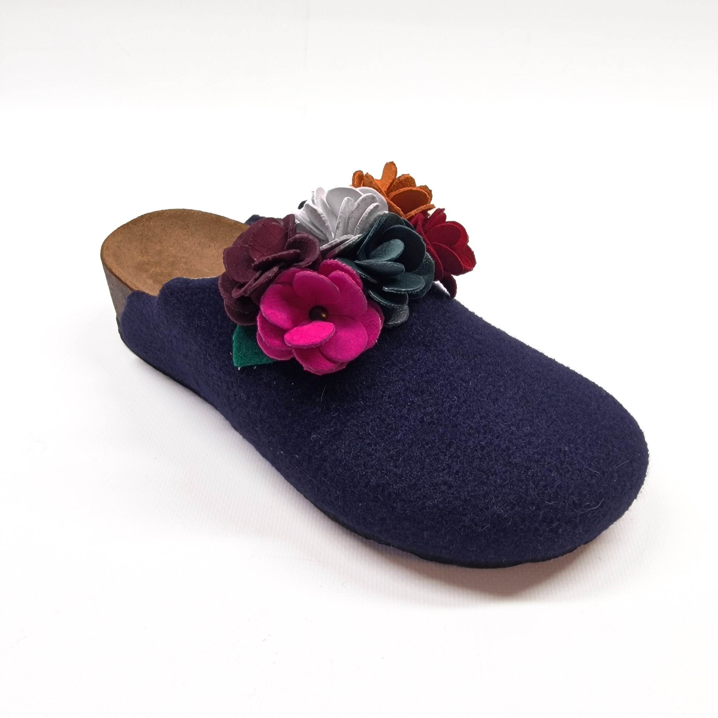Pantofola DONNA in LANA CHIUSA con FIORI doppi COLORATI in PELLE | Art. ESTER
