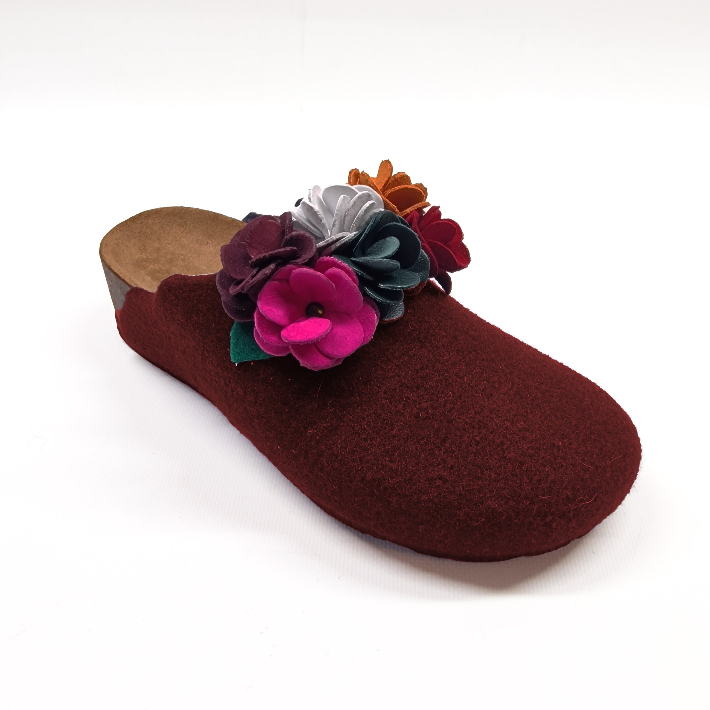 Pantofola DONNA in LANA CHIUSA con FIORI doppi COLORATI in PELLE | Art. ESTER
