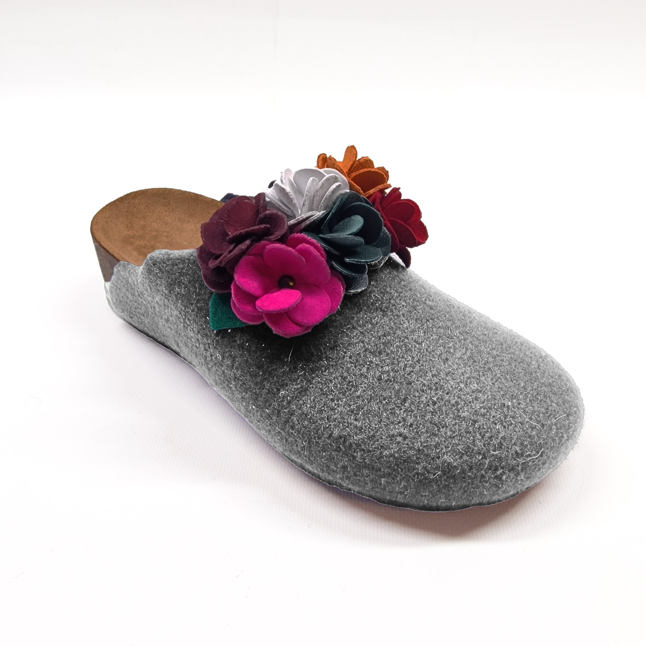 Pantofola DONNA in LANA CHIUSA con FIORI doppi COLORATI in PELLE | Art. ESTER