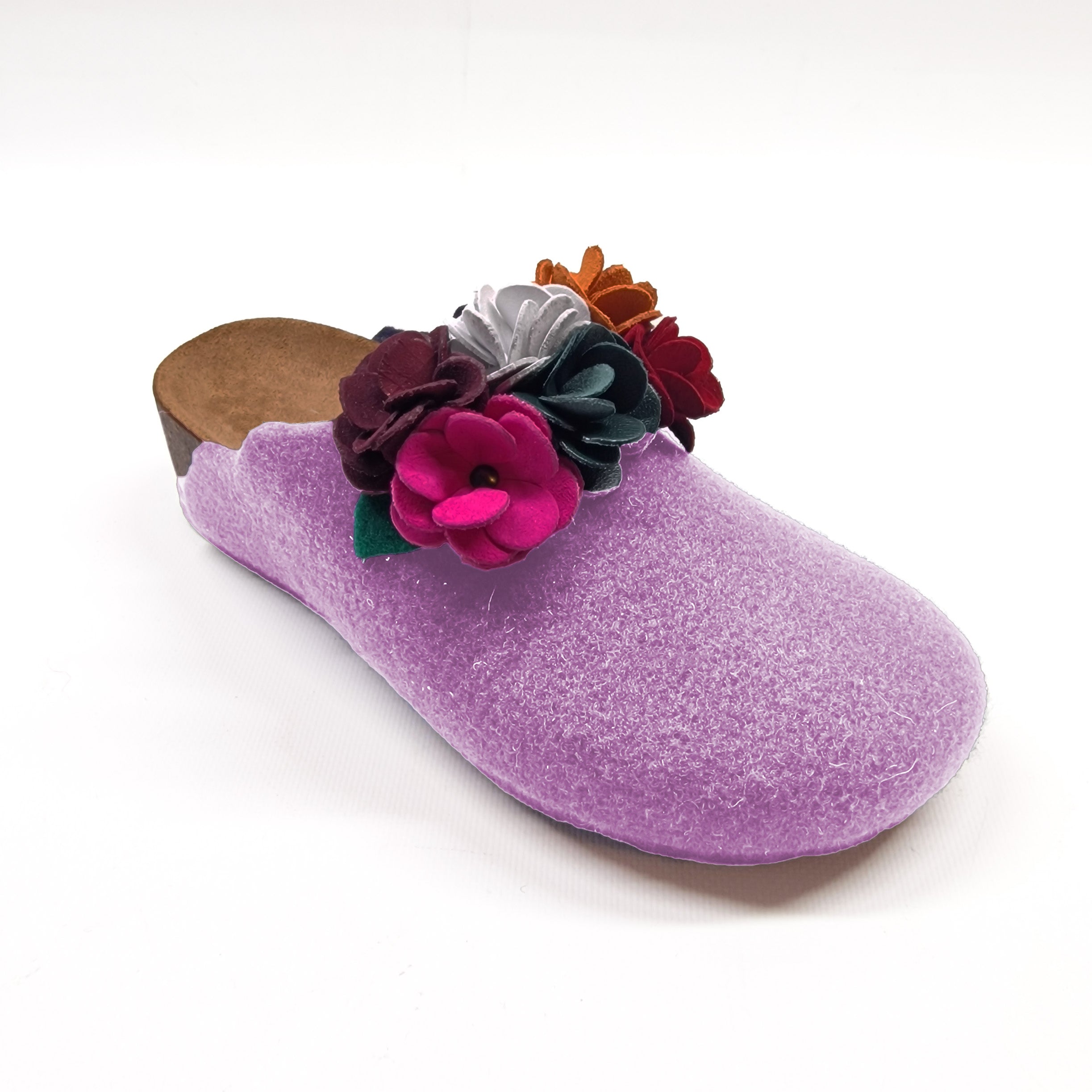 Pantofola DONNA in LANA CHIUSA con FIORI doppi COLORATI in PELLE | Art. ESTER
