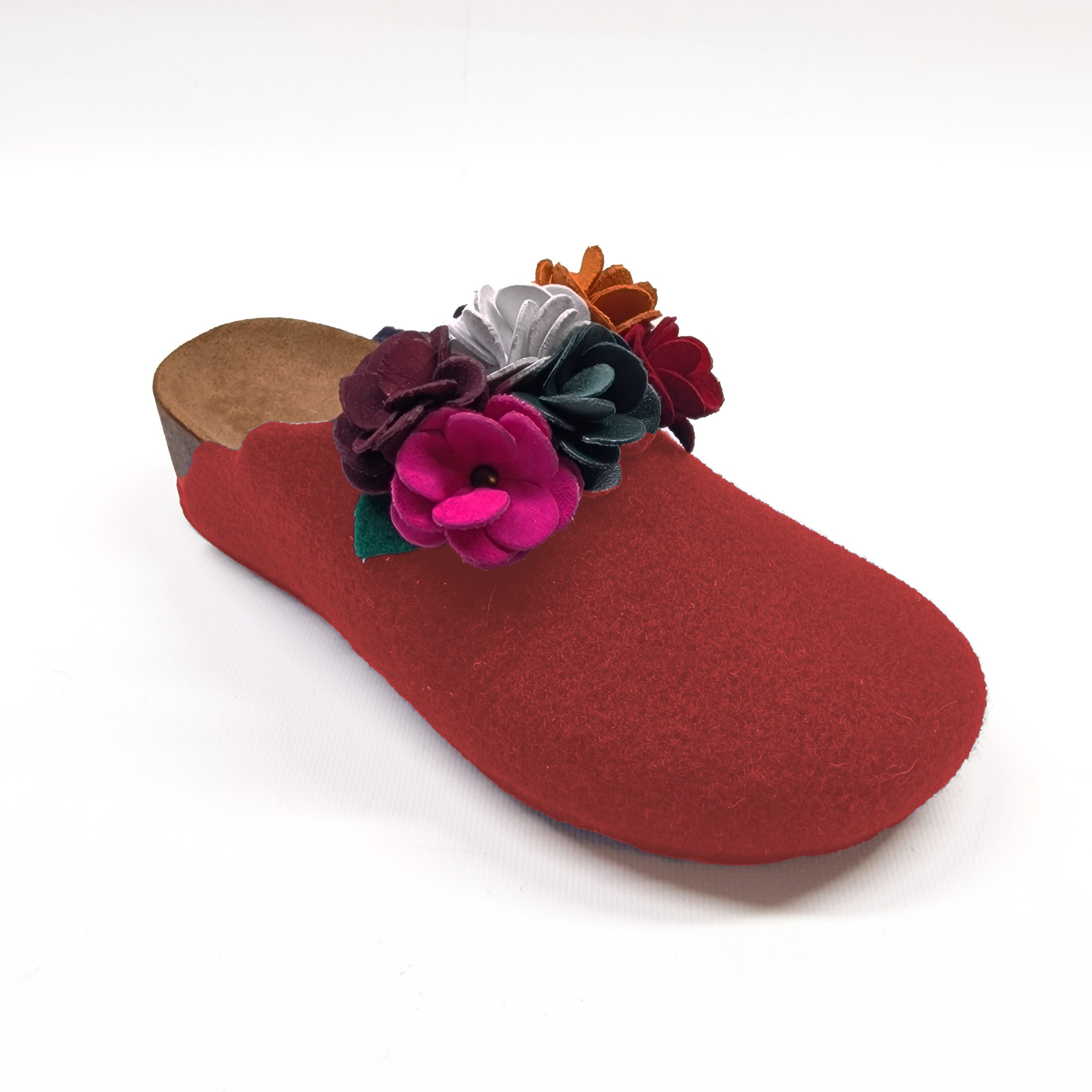 Pantofola DONNA in LANA CHIUSA con FIORI doppi COLORATI in PELLE | Art. ESTER