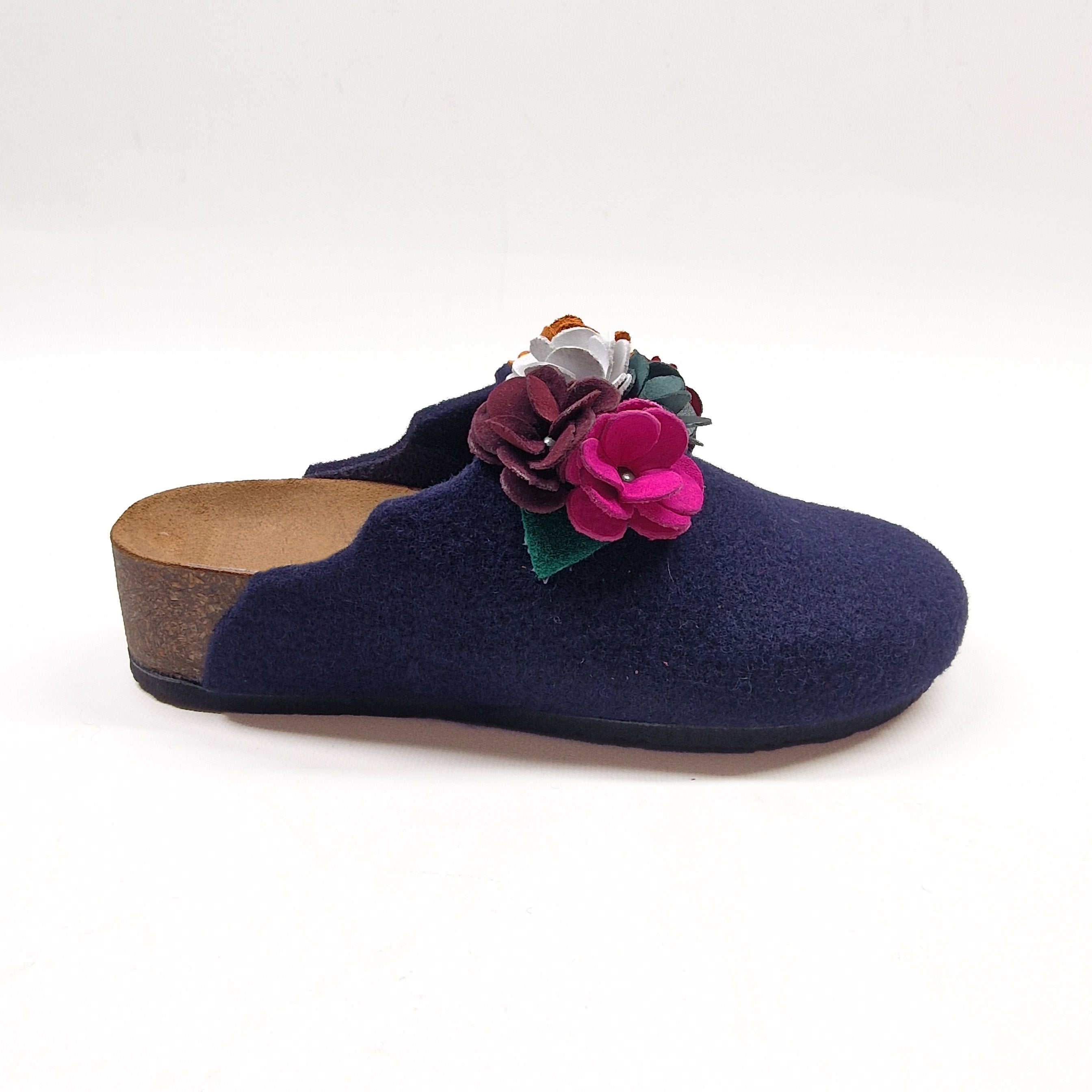 Pantofola DONNA in LANA CHIUSA con FIORI doppi COLORATI in PELLE | Art. ESTER