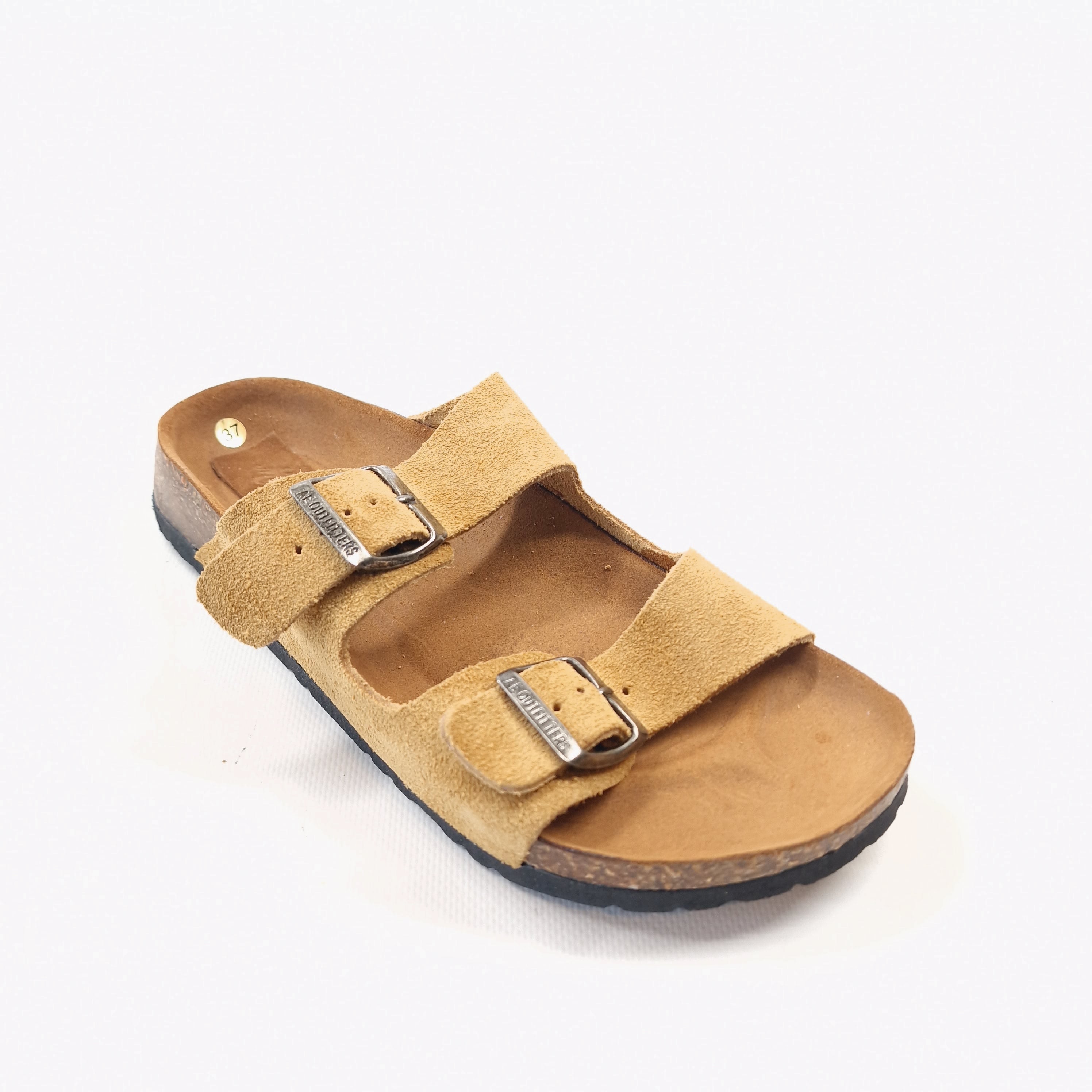 Ciabatta donna doppia fascia in in vera pelle scamosciata colore camel e allacciatura con doppie fibbie in metallo  modello Anja