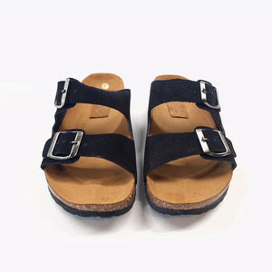 Ciabatta donna doppia fascia in in vera pelle scamosciata colore nero e allacciatura con doppie fibbie in metallo  modello Anja
