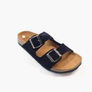 Ciabatta donna doppia fascia in in vera pelle scamosciata colore nero e allacciatura con doppie fibbie in metallo  modello Anja