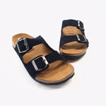 Carica l&#39;immagine nel visualizzatore di Gallery, Ciabatta donna doppia fascia in in vera pelle scamosciata colore nero e allacciatura con doppie fibbie in metallo  modello Anja

