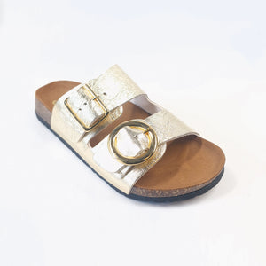 Ciabatta donna doppia fascia in in vera pelle  colore ORO e allacciatura con doppie fibbie in metallo modello deva-c