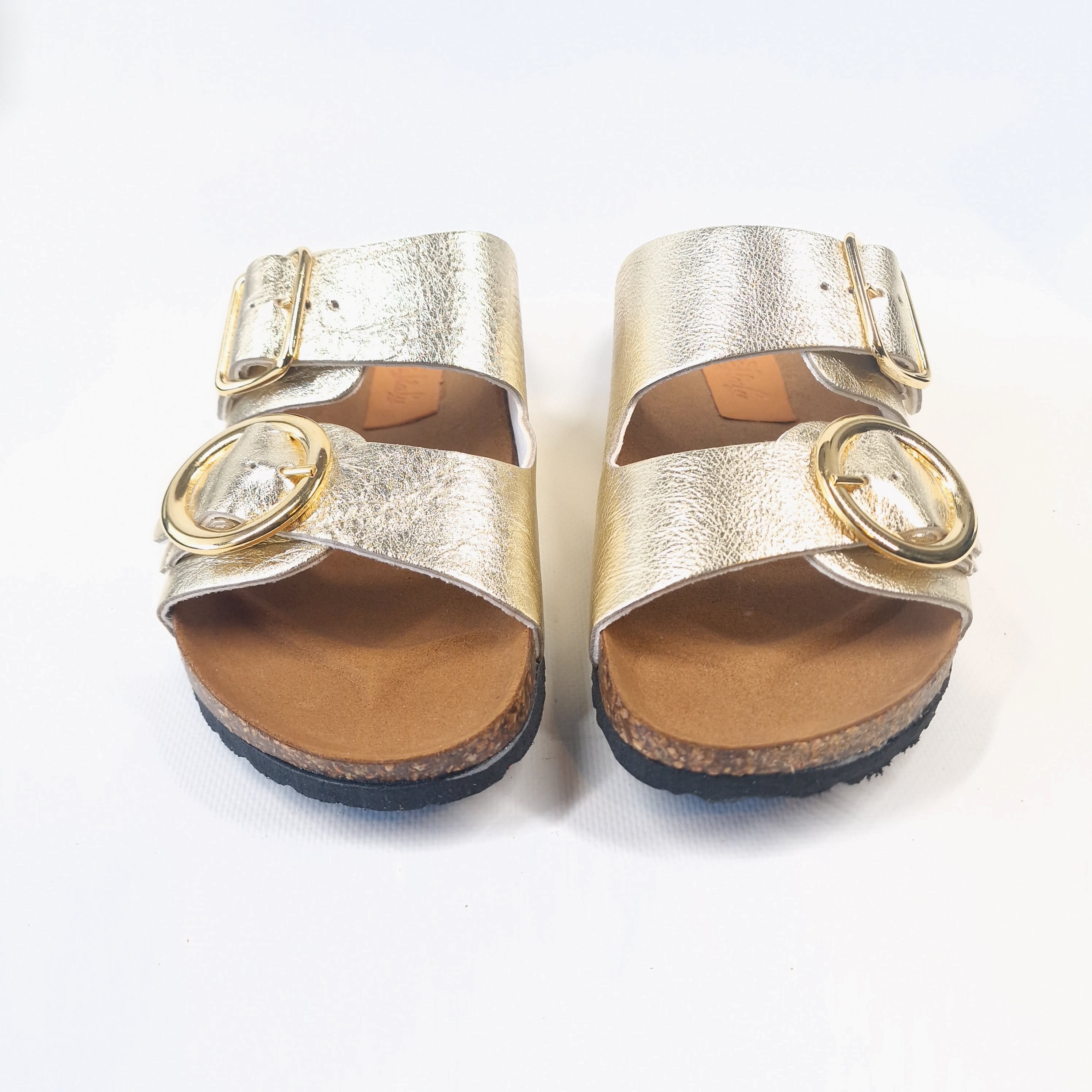 Ciabatta donna doppia fascia in in vera pelle  colore ORO e allacciatura con doppie fibbie in metallo modello deva-c