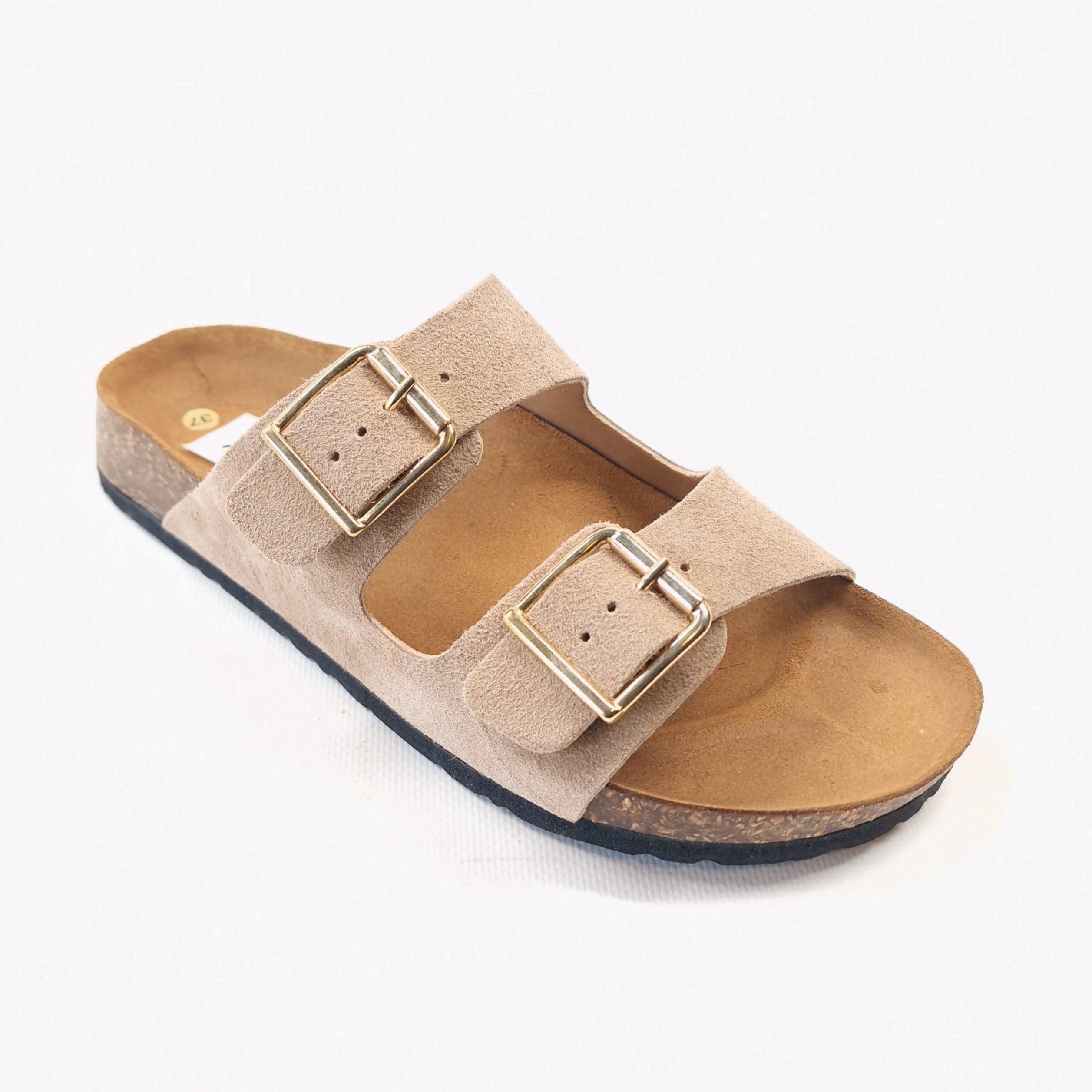 Ciabatta donna doppia fascia in in vera pelle scamosciata colore baige e allacciatura con doppie fibbie in metallo  modello ornella
