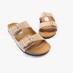 Carica l&#39;immagine nel visualizzatore di Gallery, Ciabatta donna doppia fascia in in vera pelle scamosciata colore beige e allacciatura con doppie fibbie in metallo  modello ornella
