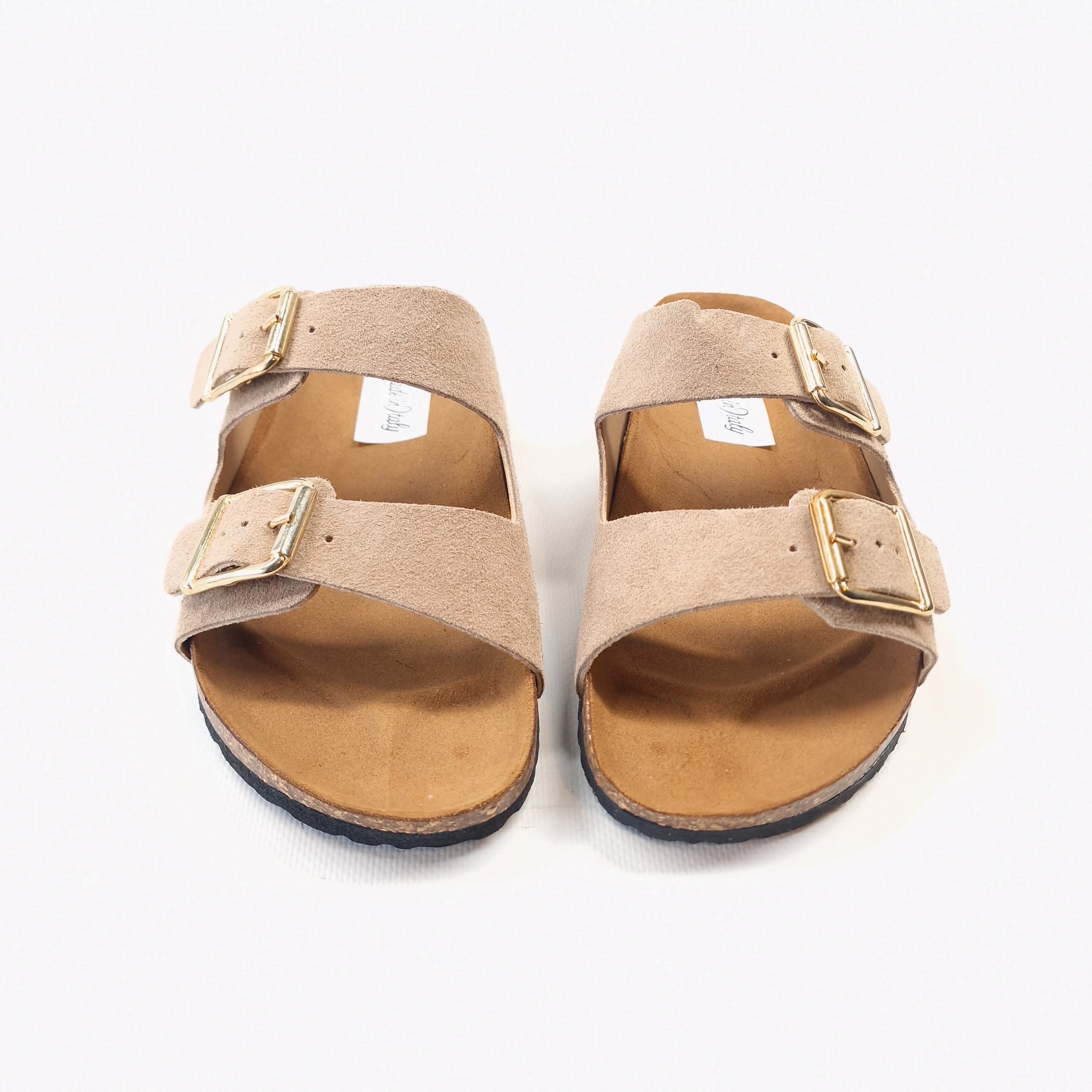Ciabatta donna doppia fascia in in vera pelle scamosciata colore beige e allacciatura con doppie fibbie in metallo  modello ornella