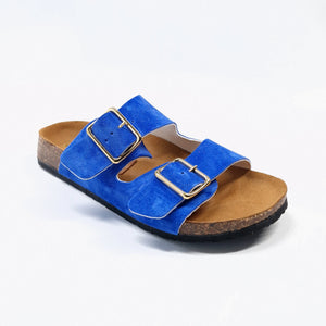 Ciabatta donna doppia fascia in in vera pelle scamosciata colore blu elettrico e allacciatura con doppie fibbie in metallo  modello ornella