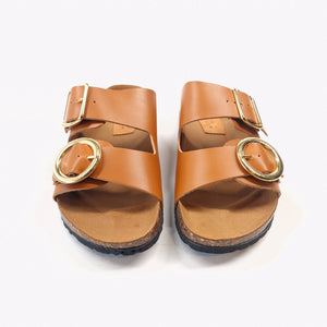 Ciabatta donna doppia fascia in in vera pelle  colore cuoio e allacciatura con doppie fibbie in metallo modello deva-c
