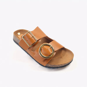 Ciabatta donna doppia fascia in in vera pelle  colore cuoio e allacciatura con doppie fibbie in metallo modello deva-c