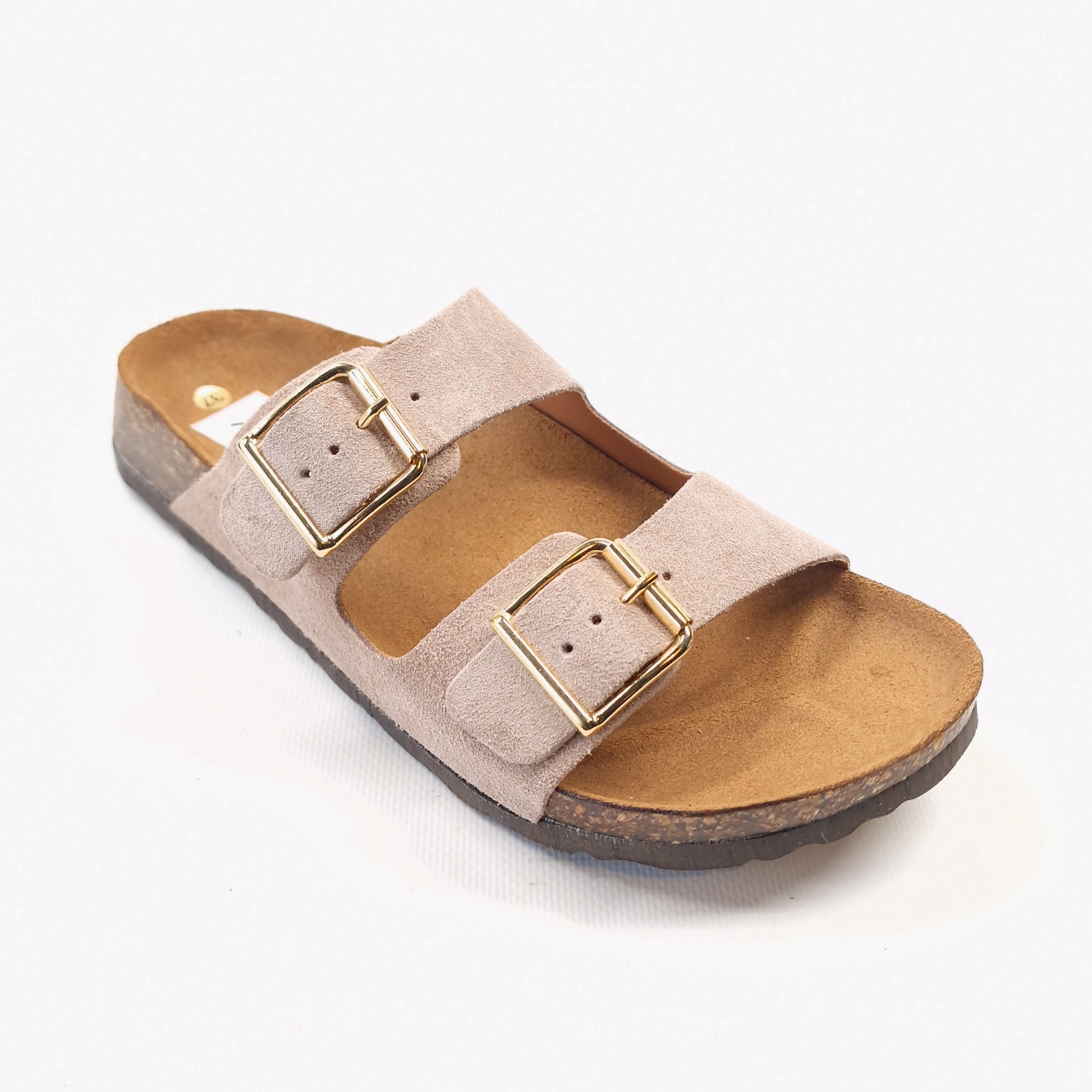 Ciabatta donna doppia fascia in in vera pelle scamosciata colore tortora e allacciatura con doppie fibbie in metallo  modello ornella