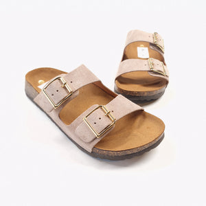 Ciabatta donna doppia fascia in in vera pelle scamosciata colore tortora e allacciatura con doppie fibbie in metallo  modello ornella