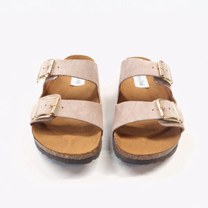 Ciabatta donna doppia fascia in in vera pelle scamosciata colore tortora e allacciatura con doppie fibbie in metallo  modello ornella