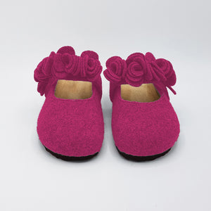 Pantofola donna LANA fuxia Fiori Chiusura regolabile velcro. Suola gomma.