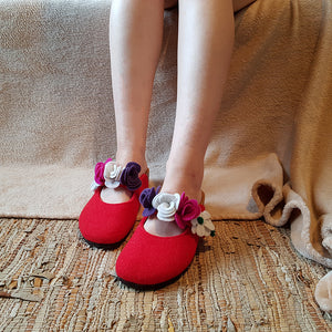 pantofola donna feltro rose rossa
